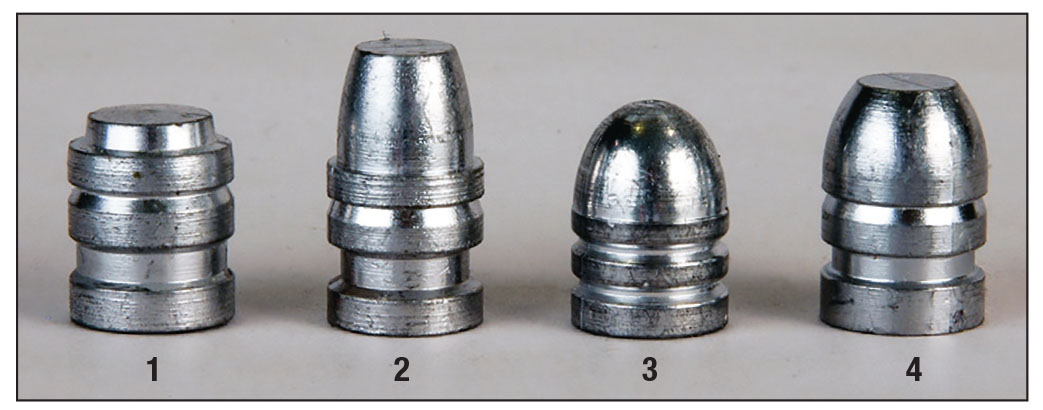 The four basic designs of cast revolver bullets: (1) wadcutter (WC), (2) semiwadcutter (SWC), (3) roundnose (RN) and (4) roundnose/flatpoint (RN/FP). The latter version has become Mike’s most used.